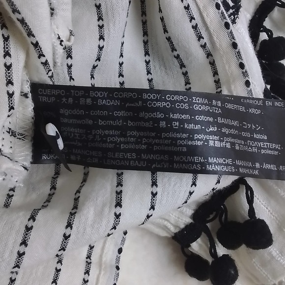 ZARA Boho Blouse Size Small in Black White Stipes w/ Pom Pom fringe - Picture 10 of 11